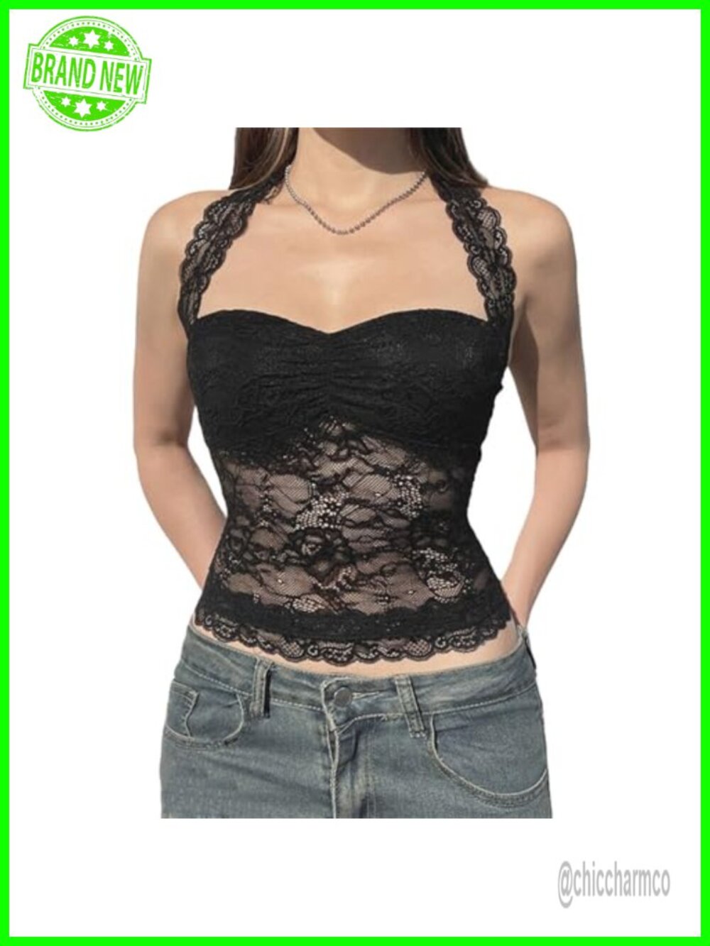 Goth Lace Cami Halter Neck Sleeveless Crop Top Y2K Punk